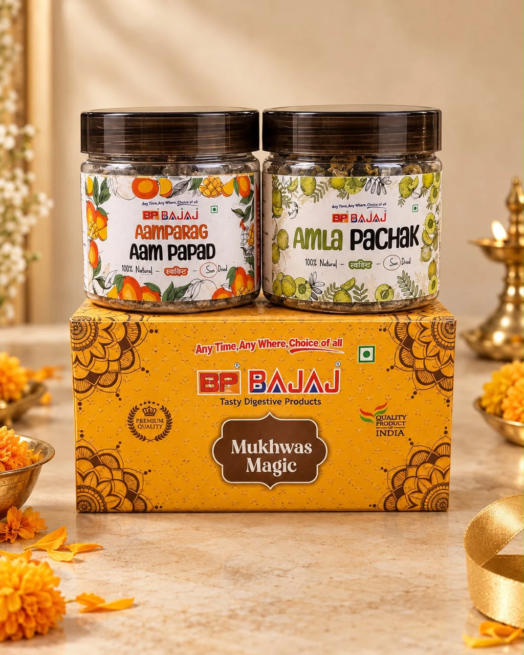 Mukhwas Magic Duo — Aamparag Aam Papad and Amla Pachak 125g jars on the Mukhwas Magic box